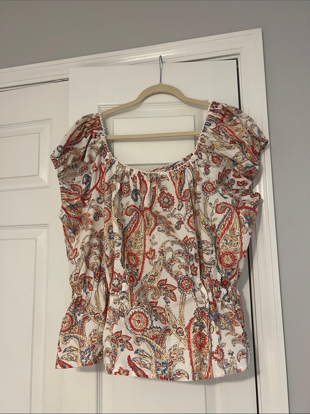 Cato Cream Paisley Peasant Top with Red & Blue Accents